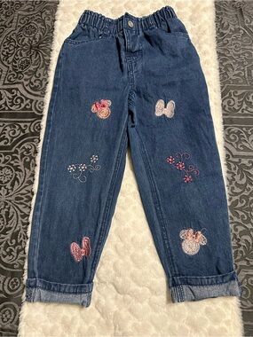 Girls' Embroidered Dark Blue Denim Jeans with Pink Accents